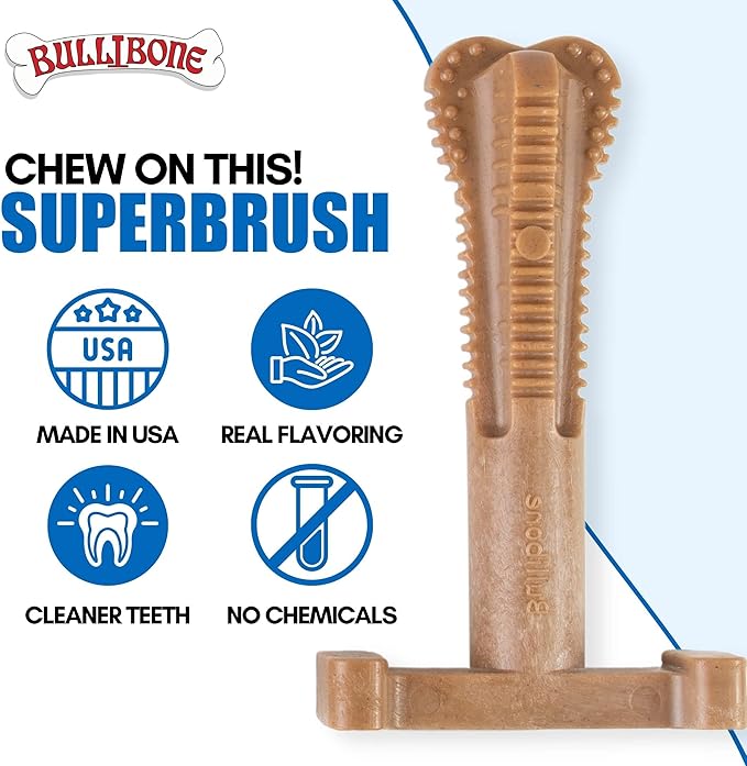 Bullibone SuperBrush: Dog Teeth Cleaning Brushing Toothbrush Stick - Long Lasting Nylon Apple Cinnamon Chew Toy for Oral Care and Dental Health