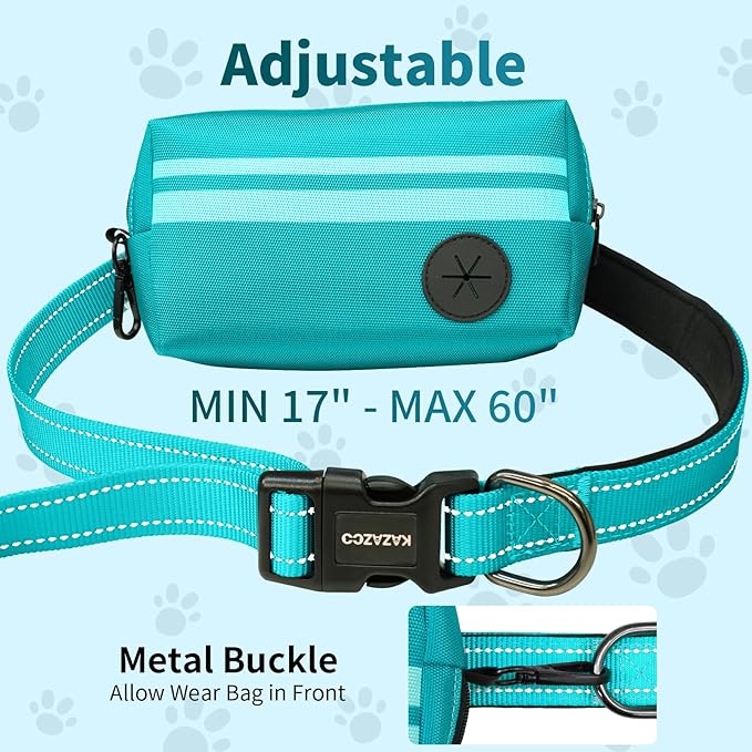 Hands Free Dog Leash with Removable Zipper Pouch, Dual Padded Handles and Durable Bungee for Walking, Jogging and Running Green