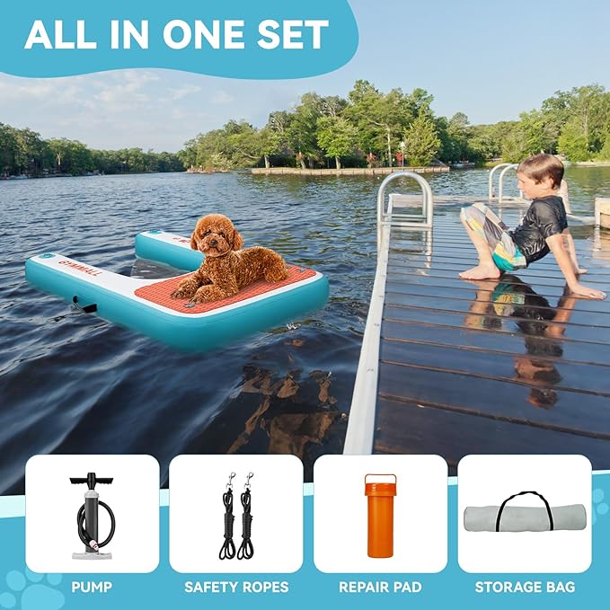 Inflatable Dog Water Ramp Pet Dock Platform Blue, Pet Water Platform for Boat Pool Lake Sea, Non-Slip Safety Floating Dock for Dogs up to 200lbs, EVA Puppy Float Ramp Dog Water Ladder