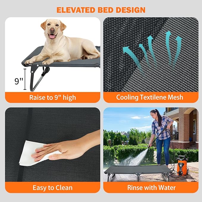Dog Elevated Bed Foldable Portable Raised Bed Camping cot Outdoor Summer Dog Bed (Large, Grey-Textilene)