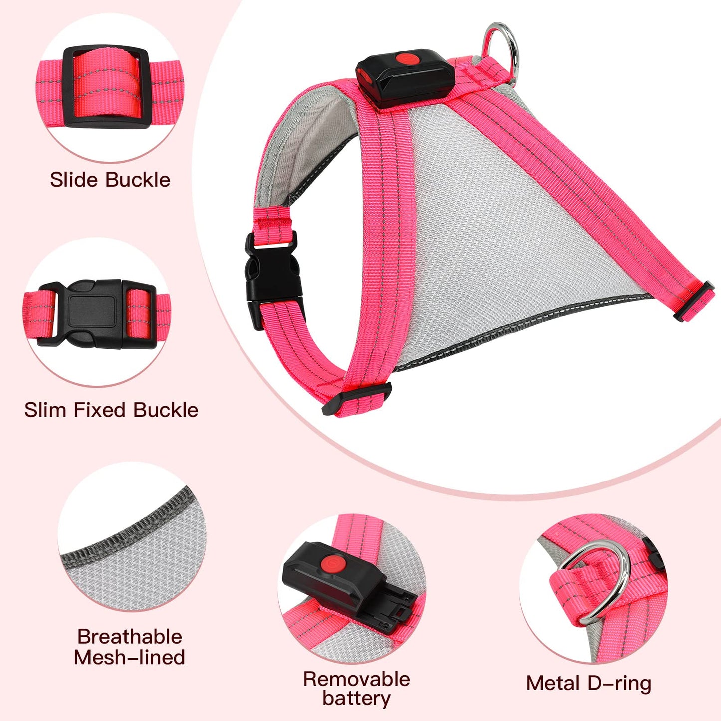 ChalkLit Light Up Dog Harness, Reflective Led Dog Harness Glow-in-The-Dark for Night Walking, USB Rechargeable Lighted Dog Safety Vest for Medium Dogs, Adjustable Soft Mesh No Pull (Pink, Medium)