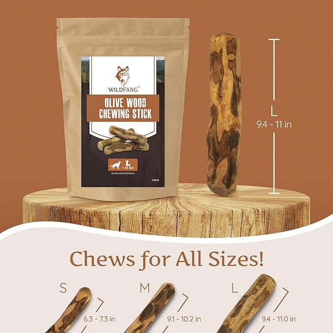 Wildfang® Olive Wood Chewing Sticks for Dogs, Large - Tough Chew Toys for Aggressive Chewers, Puppy Chew Toys for Teething, Training for Chewing Muscles, Olive Wood Stick for Dog (Over 55lbs), 3pack