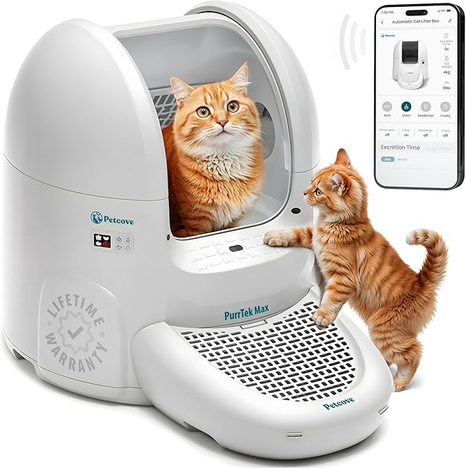 Self Cleaning Automatic Litter Box for Multi Cat - XL 65L Drum/Ultra Quiet 30-35dB Operation / 5 Safety Sensors/Easy App Control with Ultra Fast 5 GHz WiFi - Includes Ramp & 15 Litter Bags