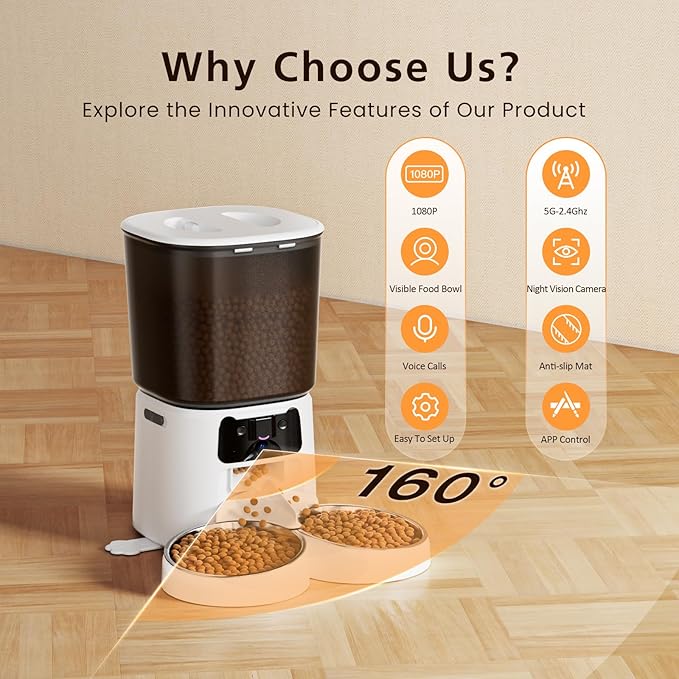 Automatic Cat Feeder with Camera, 6L WiFi Smart Pet Feeder with APP Control, 1080P HD Video, Voice Call, Motion Detection, Dual Power Supply, for Dogs Cats, Small-Pet (White, 6L)