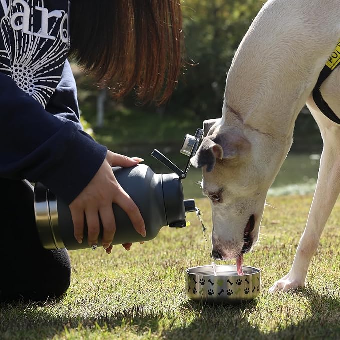 GiNT 37oz Insulated Stainless Steel Dog & Human Water Bottle | Leakproof Travel Dispenser with Detachable 10oz Bowl, 24H Cold/12H Hot, Carrying Case for Walking, Hiking, Camping & Outdoor Travel