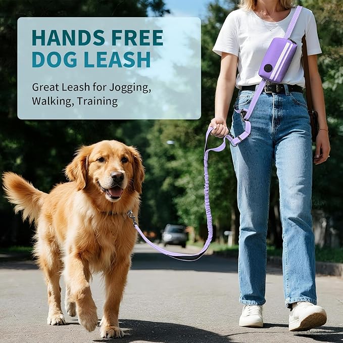 Hands Free Dog Leash with Removable Zipper Pouch, Dual Padded Handles and Durable Bungee for Walking, Jogging and Running-Purple