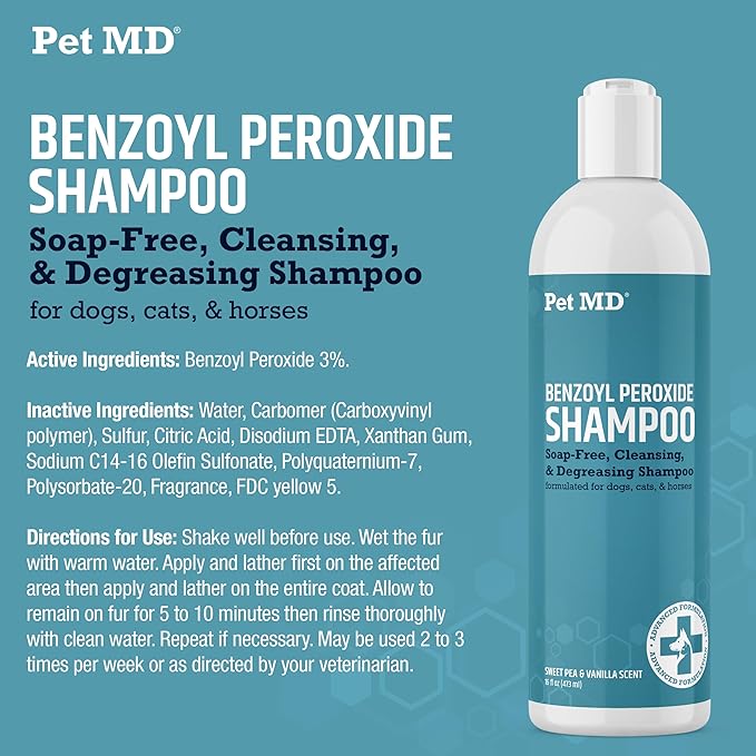 Pet MD - Benzoyl Peroxide Medicated Shampoo for Dogs and Cats - Effective for Skin Conditions, Dandruff, Itch Relief, Acne and Folliculitis - Citrus Scent - 12 oz