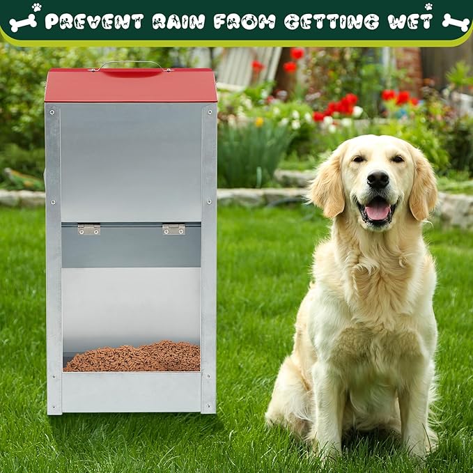 2 Pcs 25 Lbs Large Automatic Dog Feeders with Handle Acrylic Panel Galvanized Gravity Feeder Outdoor Hanging for Doggie Breed Dog Food Dispenser Container(Red)
