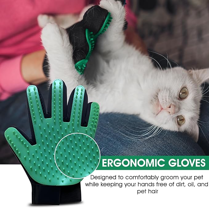 Upgrade Pet Grooming Gloves, Grooming Gloves for Dogs, Cats, Rabbits & Horses with Long and Short Hair, Efficient Pets Hair Remover Mittens - 1 Pair (Green)