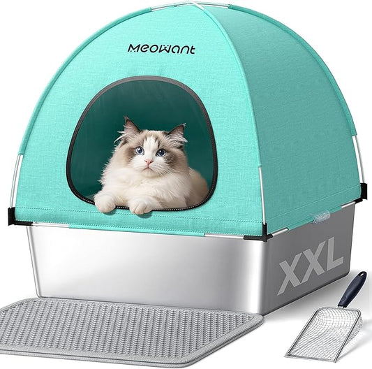 Meowant Stainless Steel Cat Litter Box with Lid, Extra Large Square 3-in-1 Enclosed Metal Litter Box with High-Sided Oxford Fabric Cover, Metal Scoop, Odorless, Non-Sticky,Leak-Resistant,Easy to Clean