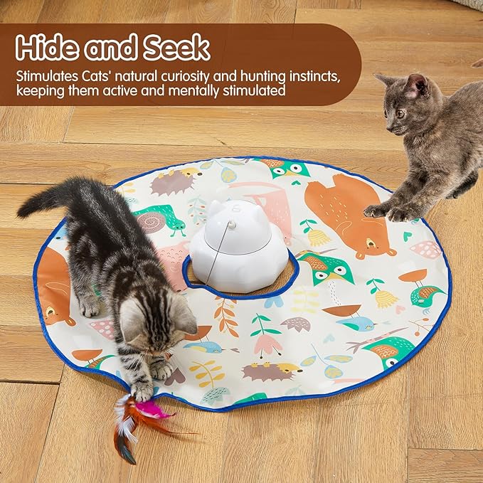 VIWIK 4 in 1 Cat Laser Toy Automatic, Interactive Cat Toys for Indoor Cats, Hide and Seek Kitten Wand Toy, USB Rechargeable Electronic Toys with Moving Feather, Cover for Bored Cats All Breeds