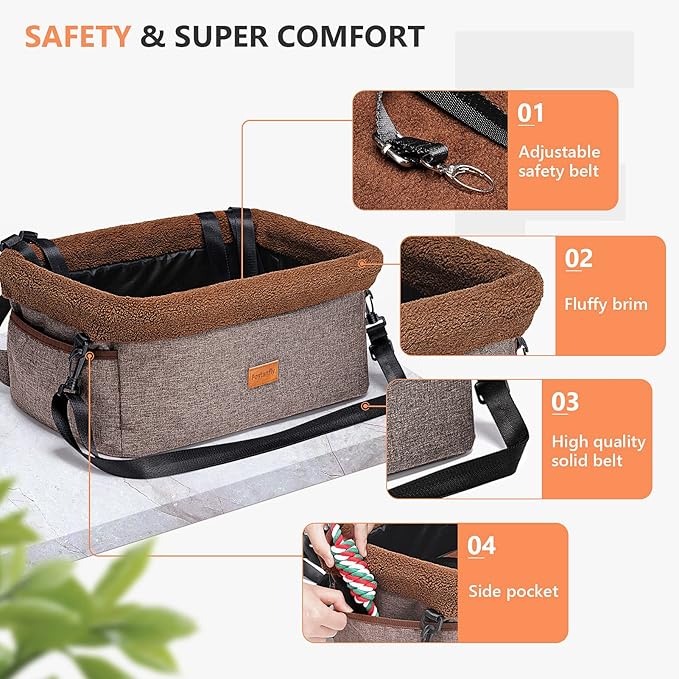 Fostanfly Dog Car Seat for Small Dogs, Upgraded Pet Booster Seat with Metal Frame, Doggy Pet Carseat with Washable Thick Cushion Safety Leash and Storage Pockets