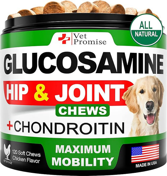 Vet Promise Glucosamine for Dogs - Hip and Joint Supplement for Dogs - Glucosamine Chondroitin - Joint Pain Relief Pills - MSM - Advanced Health Support Supplement - 120 Mobility Chews - Made in USA