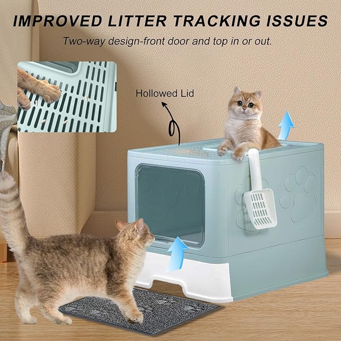 Upgrade Portable Litter Box, Top Entry Cat Box with Lid, No Leakage Kitty Box with Scoop and Mat, Easy Cleaning Cat Box Enclosure(Blue)
