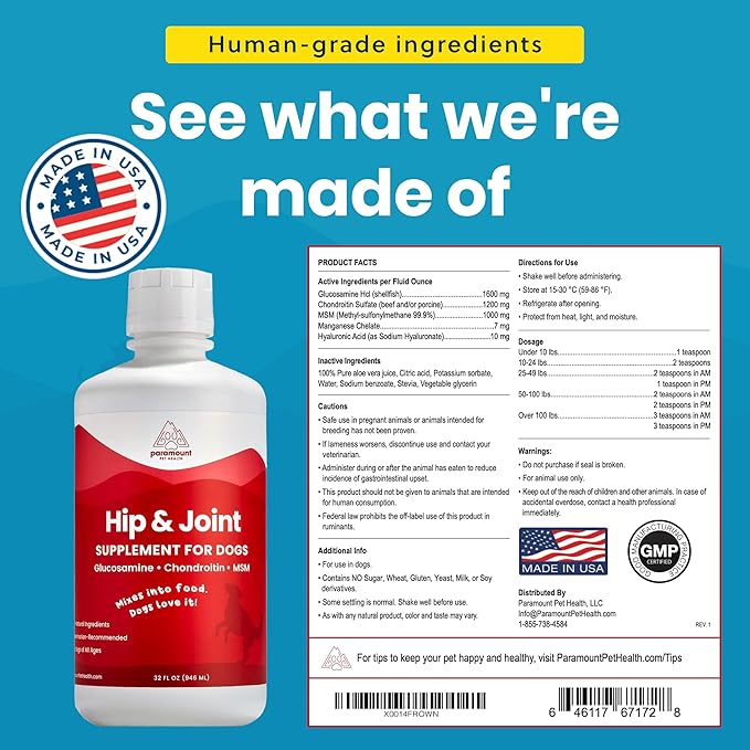 Liquid Glucosamine for Dogs, 1600mg Glucosamine Chondroitin MSM, Hip & Joint Supplement for Large Dogs, Liquid Arthritis Relief & Mobility Support, 32 oz