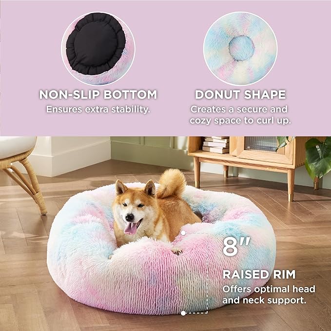 Bedsure Calming Dog Bed for Medium Dogs - Donut Washable Medium Pet Bed, Anti-Slip Round Fluffy Plush Faux Fur Cat Bed, Fits up to 45 lbs Pets, Multi-Colored, 30 inches