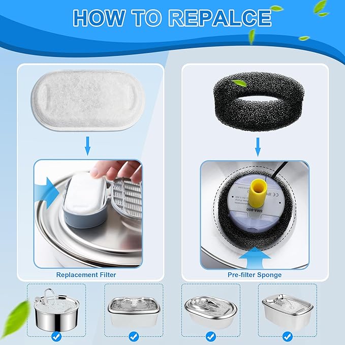 Cat Water Fountain Filters, 20Pack Cat Fountain Replacement Filters for Stainless Steel 108oz/3.2L& 67oz/2L adjustable Water Flow Pet Water Fountain,Dog Water Fountain Filters(10 Filters& 10 Sponges)