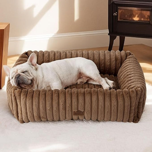 Bedsure Washable Dog Bed for Medium Dogs - Cute Furry Puppy Beds, Rectangle Orthopedic Corduroy Fleece Pet Beds with Removable Zipper Cover, 30x24x8inches, Copper Brown