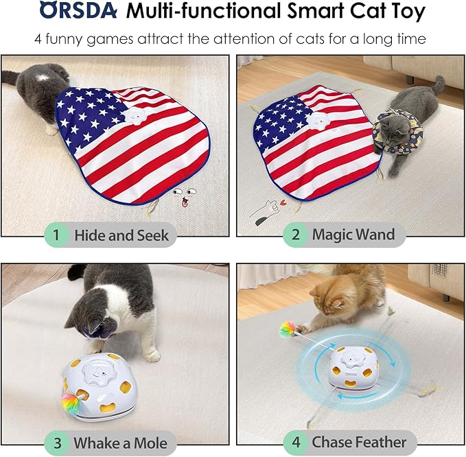 ORSDA Interactive Cat Toys for Indoor, 4 in 1 Automatic Cat Toy for Kitten, Rechargeable Smart Teaser Toys, Moving Ambush Feather, 8 Holes Mice Whack-A-Mole, Hide The Seek