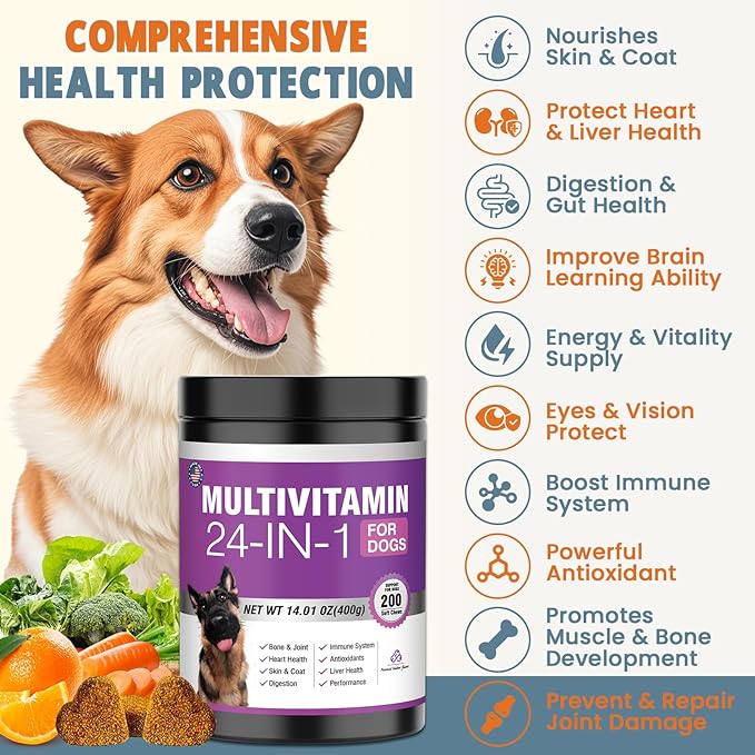 24-in-1 Dog Vitamins and Supplements 200 Ct Dogs Multivitamin Chewable Contain Chondroitin Probiotics Omega-3 Glucosamine for Dogs Skin Coat Heart Joint Gut Digestion Liver Brain Eyes Immune Support
