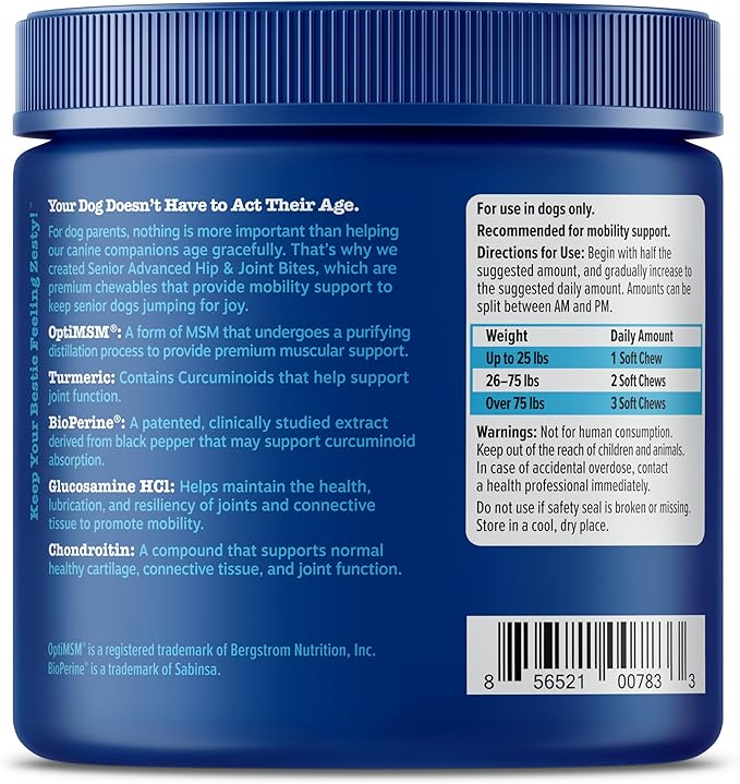 Zesty Paws Mobility Bites Joint Supplement for Dogs - Soft Chews with Glucosamine for Dogs, Chondroitin, & MSM + Vitamins C and E - Adv Chicken - 90 Count