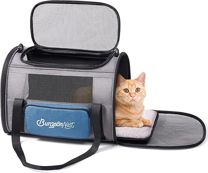 BurgeonNest Cat Carrier, Airline Approved Dog Carrier, Soft Sided Cat Pet Carrier for Small Medium Cats Dogs Under 20 lbs with Side Bag, Collapsible Travel Kitten Puppy Carriers, Blue