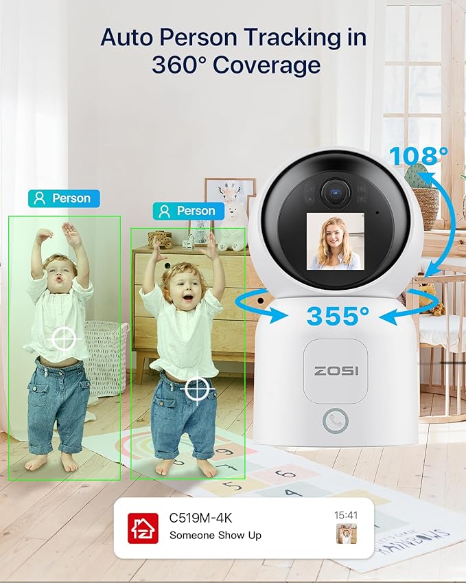ZOSI 4K Pan/Tilt Smart Security Camera Indoor,Plug in 2.4/5GHz WiFi Camera,2 Way Video, Motion Tracking,8MP Baby/Pet Dog Monitor with Phone app, C519M8 360°View Home Cam, Cloud & Memory Card Storage