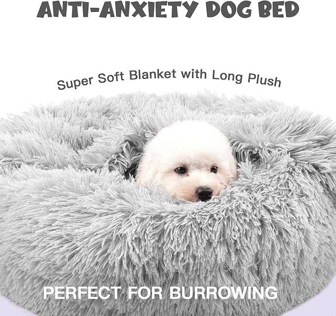 Himax Dog Beds for Small Dogs, Donut Dogs Bed with Blanket Attached, Calming Dog Bed Washable (20"/26"/35") Light Grey for Puppy