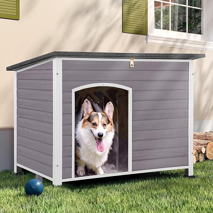 Insulated Wooden Dog Kennel Dog House with PVC Curtain and Removable Floor for Easy Cleaning (Large)