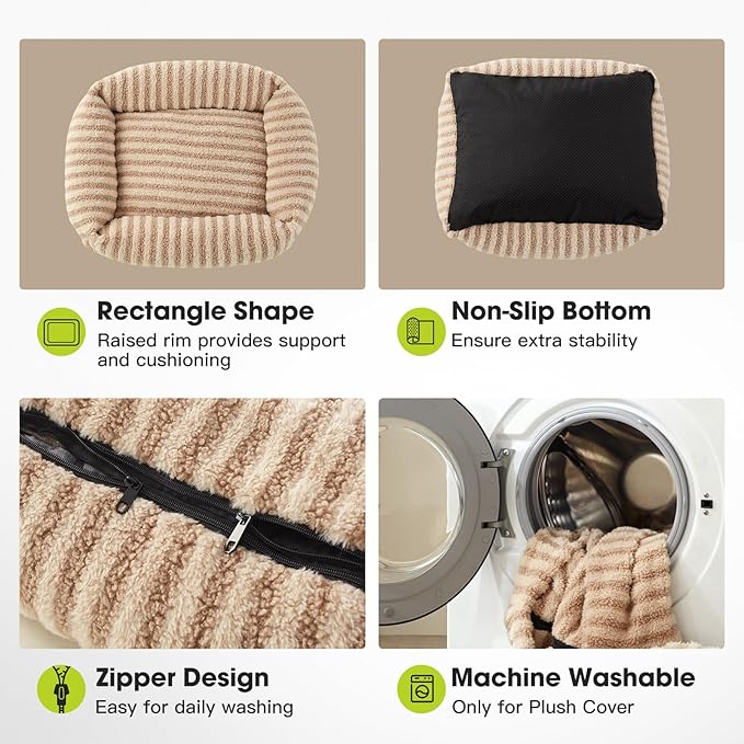 MIXJOY Small Dog Beds for Small Dogs, Washable Dog Bed with Removable Cover, Rectangle Pet Beds, Warming Soft Calming Sleeping Puppy Bed with Non-Slip Bottom, 20"x19"x6", Beige
