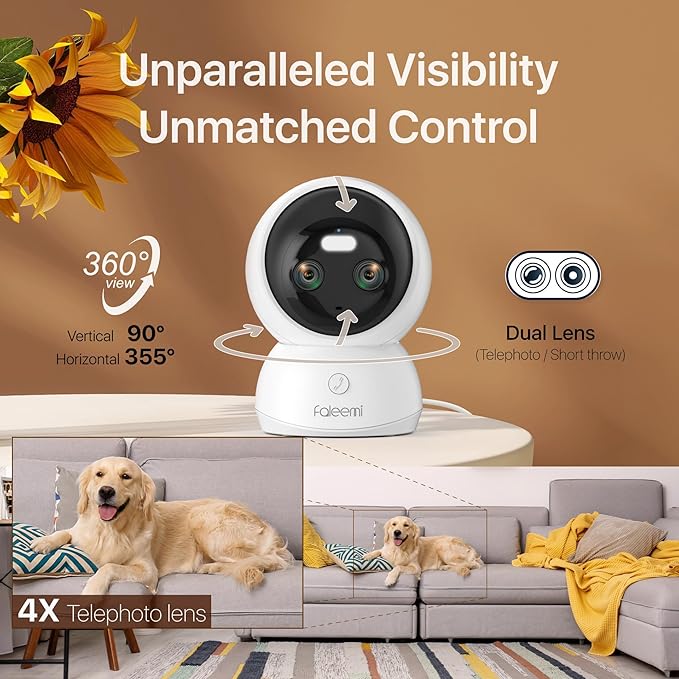 Dual Lens 2.4/5GHz WiFi Security Camera, 360° PTZ 2K Indoor Nanny Cams with Phone App, 2-Way Audio, Motion Tracking, Night Vision, for Pet/Dog/Baby Monitor/Elder/Home Security, Local Storage