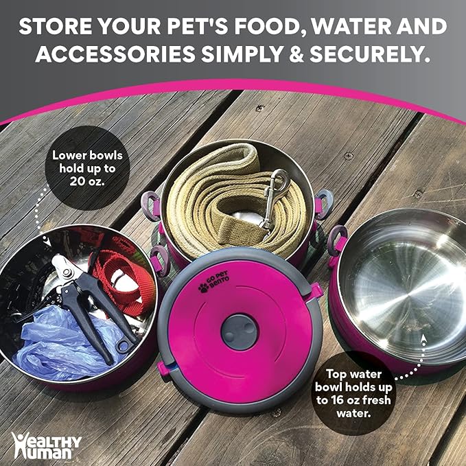 Healthy Human Travel Pet Bento Bowls - Leak Proof, Human-Grade Stainless Steel & BPA-Free, 3-Pack Water & Food Container Set, Clips & Handle (Pink)