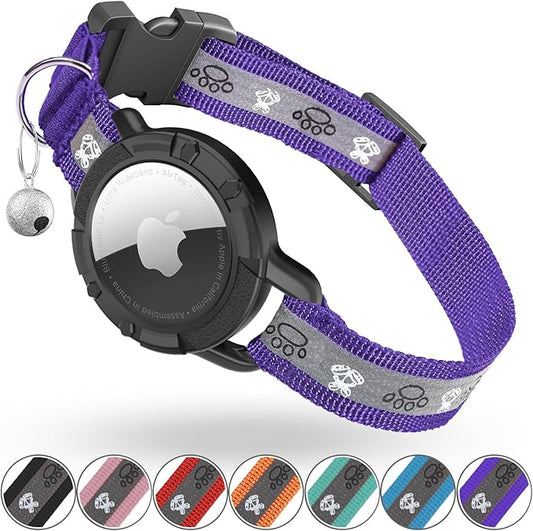 Reflective AirTag Cat Collar, Integrated Cat Tracker Collar with Air Tag Holder and Bell, Safety Elastic Band Cat GPS Collars for Girl Boy Cats, Kittens and Puppies (Purple, XS)
