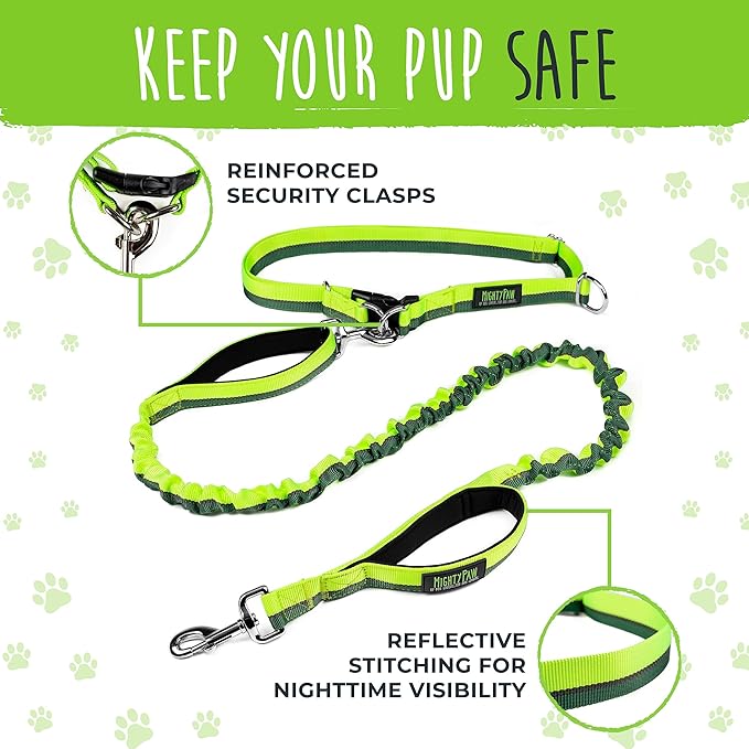 Mighty Paw Hands Free Dog Leash | Bungee Waist Leash for Dog Walking. Pet Running Hands Free Tether for Large, Medium & Small Breeds. Pet Waist Belt (36" - 48") Up to 150 lbs - Green