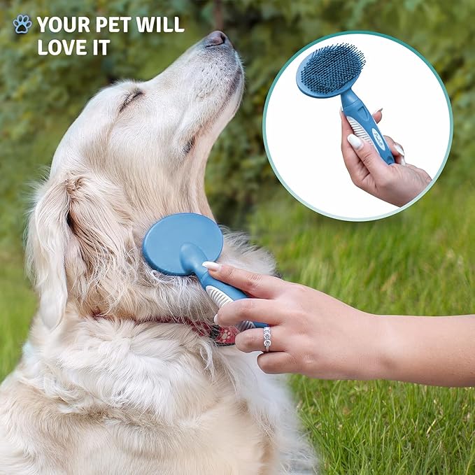 Round Bristle Pet Brush for Dogs and Cats - Soft Dog Brush for Grooming Short or Long Hair - Gentle Tool for Sensitive Skin Removes Dander, Dirt, and Detangles (Blue)