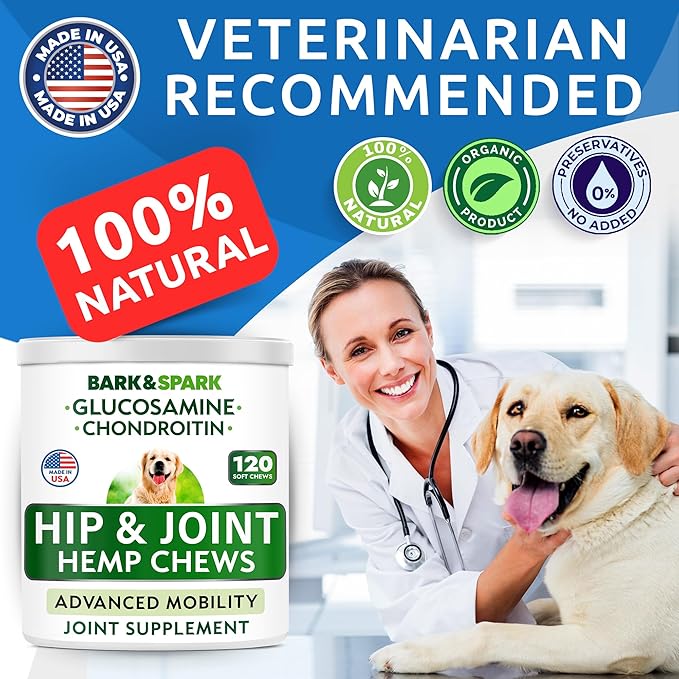 Hemp Chews for Dog - Joint Supplement for Dogs with Glucosamine, Chondroitin & Hemp - Hip & Joint Hemp Chews for Large & Small Breeds - Senior Dog Joint Pain Relief Treats - 120 Soft Chews