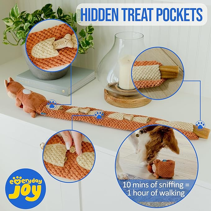 Crinkle Dog Toy Plush Toy - Long Tug-of-War Squeaky Dog Toy Boredom Buster Toys with Snack Pockets - Durable Enrichment Mentally Stimulating Toys for Dogs Small, Medium, Large - Squirrel