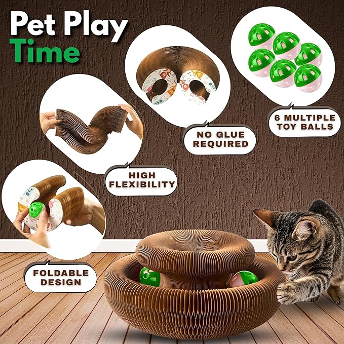 Greenwich Kitty Kurlz Reversible Infinity Cat Toy – Durable Magic Organ Made from Recycled Corrugated Cardboard | Eco-Friendly, Long-Lasting Scratcher & Cat Treat Puzzle Play Toy for Cats (Pack of 3)