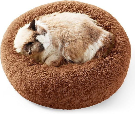 Bedsure Calming Cat Beds for Indoor Cats - Small Cat Bed Washable 20 inches, Anti-Slip Round Fluffy Plush Faux Fur Pet Bed, Fits up to 15 lbs Pets, Caramel