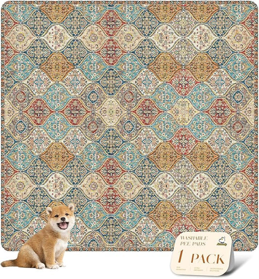 nunubaby Washable Pee Pads for Dogs, Stylish, Non-Slip and Leak-Proof Pee Pads. Reusable Potty Pads for Dogs for Crates and Floors.(Cream/Multi, 72" x72" )