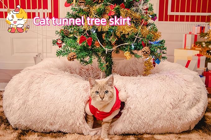 XxingSheep Extra Large Cat Tunnel Bed for Indoor Cats Peekaboo Cat Cave Donut with Center Mat,Pinkish White