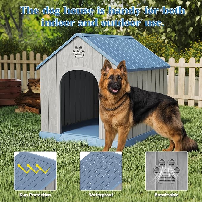 Large Dog House Outdoor Indoor for Medium Large Dogs, Durable Plastic Waterproof Doghouse with Air Vents and Elevated Floor, Easy Clean and Assemble (Blue, 36.2''LĂ38''WĂ38''H)