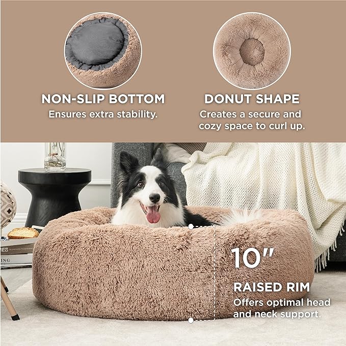 Bedsure Calming Dog Beds Large Sized Dog - Donut Washable Large Pet Bed, 36 inches Anti-Slip Round Fluffy Plush Faux Fur Dogs Bed, Fits up to 80 lbs Pets, Camel