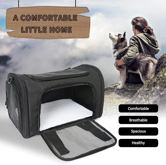 Mile High Life | Outdoor Travel Pet Carrier | Kitty Puppy Cat Carriers | Collapsible Dog Carrier for Small Medium Dogs | Cat Crates w Breathable Mesh with Soft-Sided (Black, Medium)