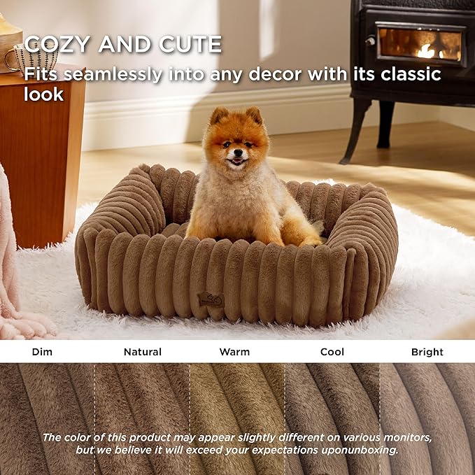Bedsure Washable Dog Bed for Medium Dogs - Cute Furry Puppy Beds, Rectangle Orthopedic Corduroy Fleece Pet Beds with Removable Zipper Cover, 30x24x8inches, Copper Brown