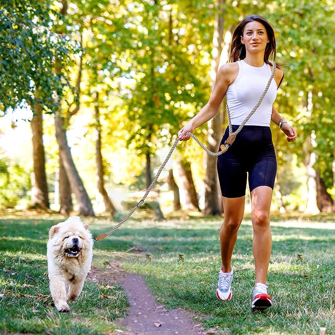 Mile High Life Hands Free Dog Leash, Crossbody Waist Leash with Genuine Leather Connection, Multifunctional Adjustable Slip Lead for Dog Walking Running (Camel, 8FT)