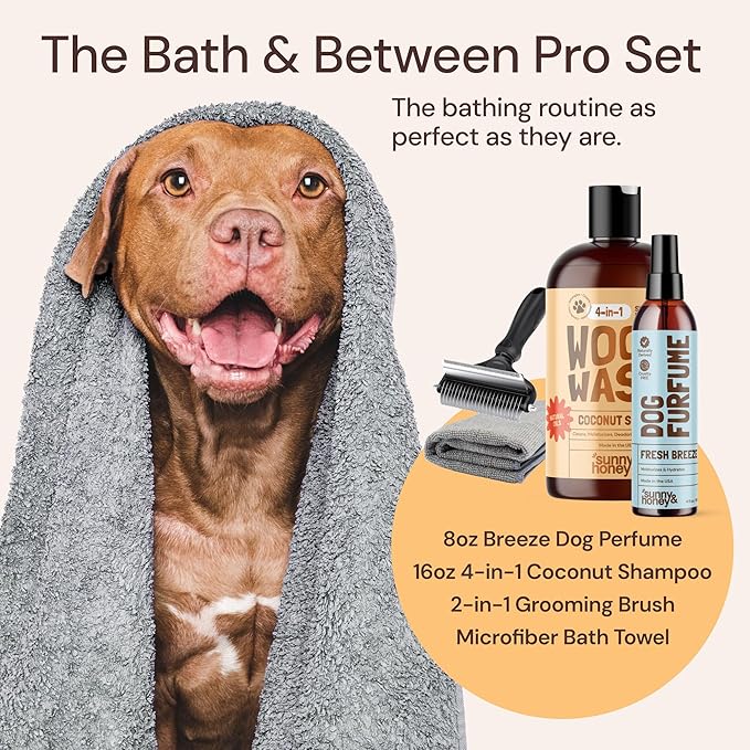 Sunny & Honey Professional Dog Shampoo Bundle - 16 oz Coconut Shampoo & 8 oz Breeze Perfume - 4-in-1 Cleanse & Condition - Includes Deshedding Brush, Microfiber Towel & Deodorizing Cologne Spray
