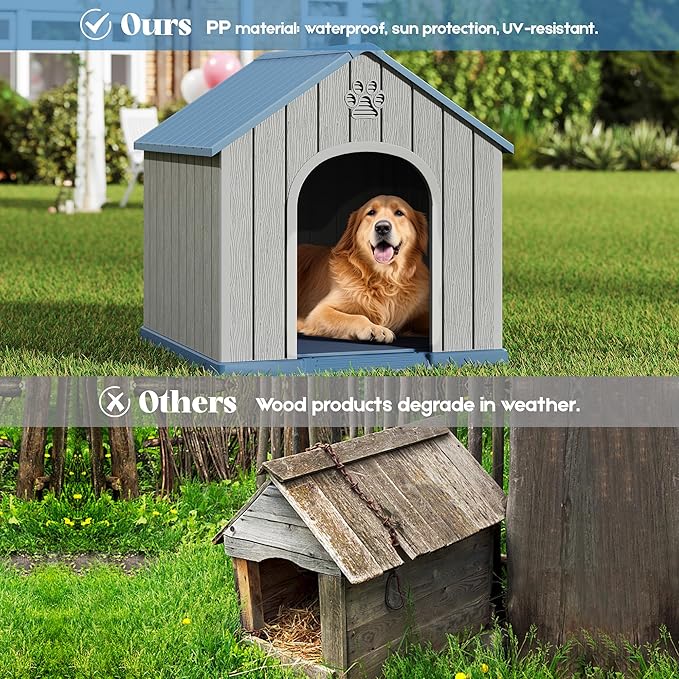 Large Dog House Outdoor Indoor for Medium Large Dogs, Durable Plastic Waterproof Doghouse with Air Vents and Elevated Floor, Easy Clean and Assemble (Blue, 36.2''LĂ38''WĂ38''H)