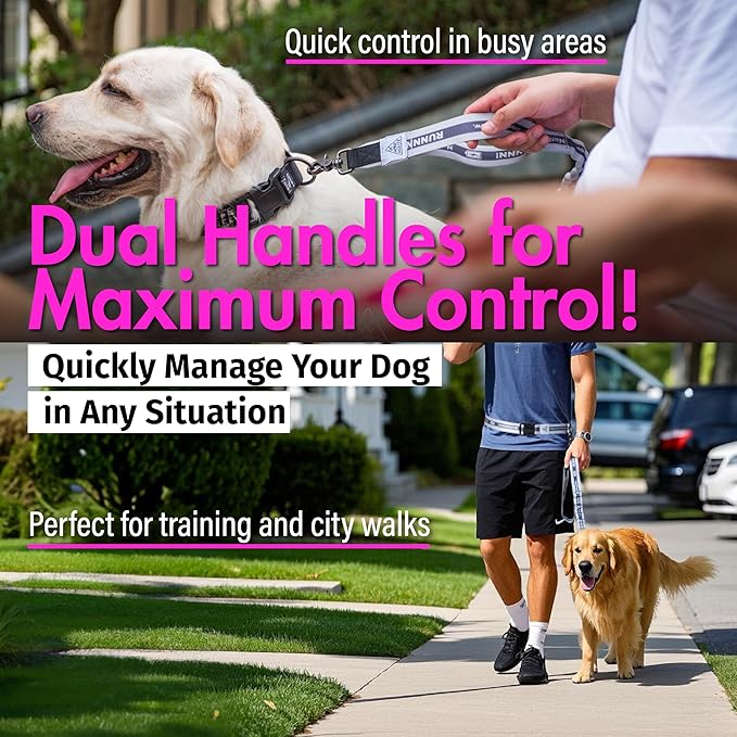 Hands Free Dog Leash with Waist Belt Lifetime Replacement, Dual Handle Bungee Leash for Running, Jogging, Hiking and Walking, for Medium and Large Dogs 5118