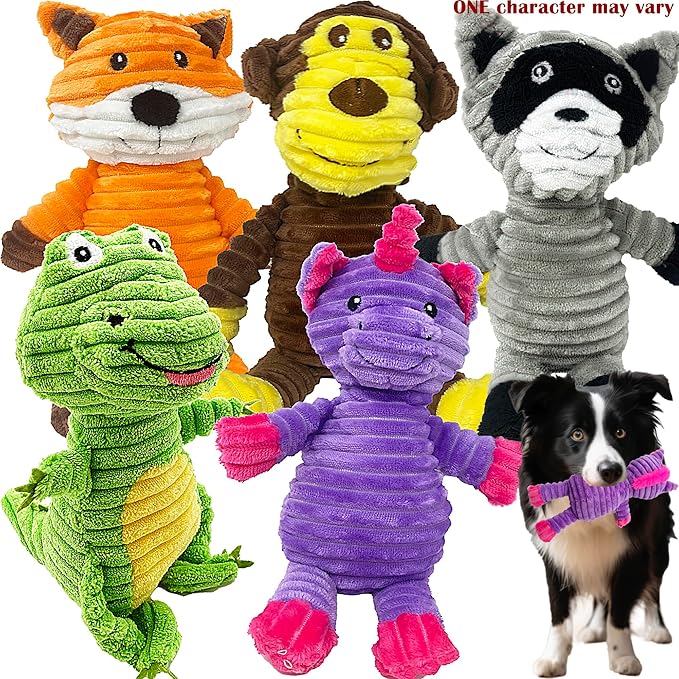 Jalousie Plush Toys Assortment Value Bundle Puppy Pet Mutt Squeak Toy for Medium Large Dogs (5 Pack Corduroy)